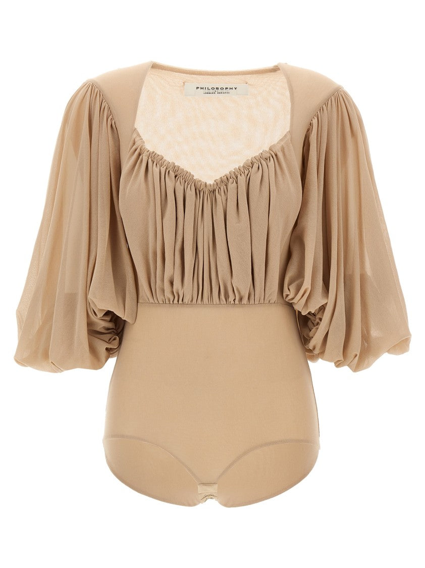 Philosophy Di Lorenzo Serafini Stretch Tulle Bodysuit With Gathered Detailing