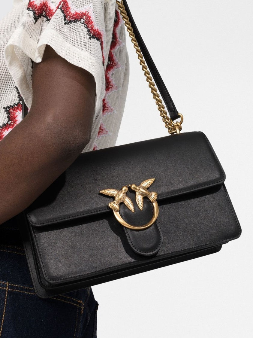 Pinko Structured Black Shoulder Bag With Distinctive Gold-Tone Clasp