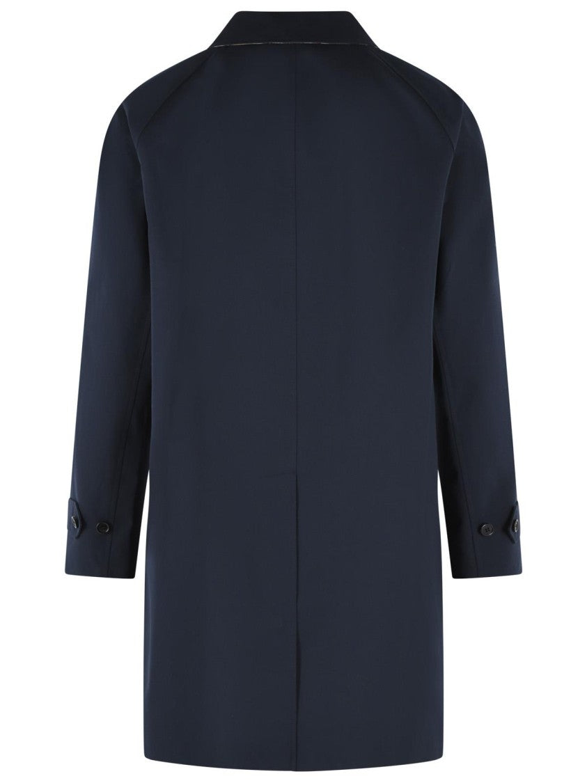 Burberry Blue Cotton Midi Trench Coat With Classic Collar