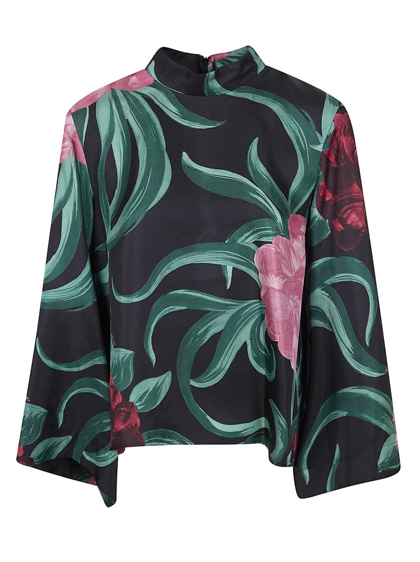 La Double J Floral Print Silk Blouse With Boxy Silhouette And Wide Sleeves