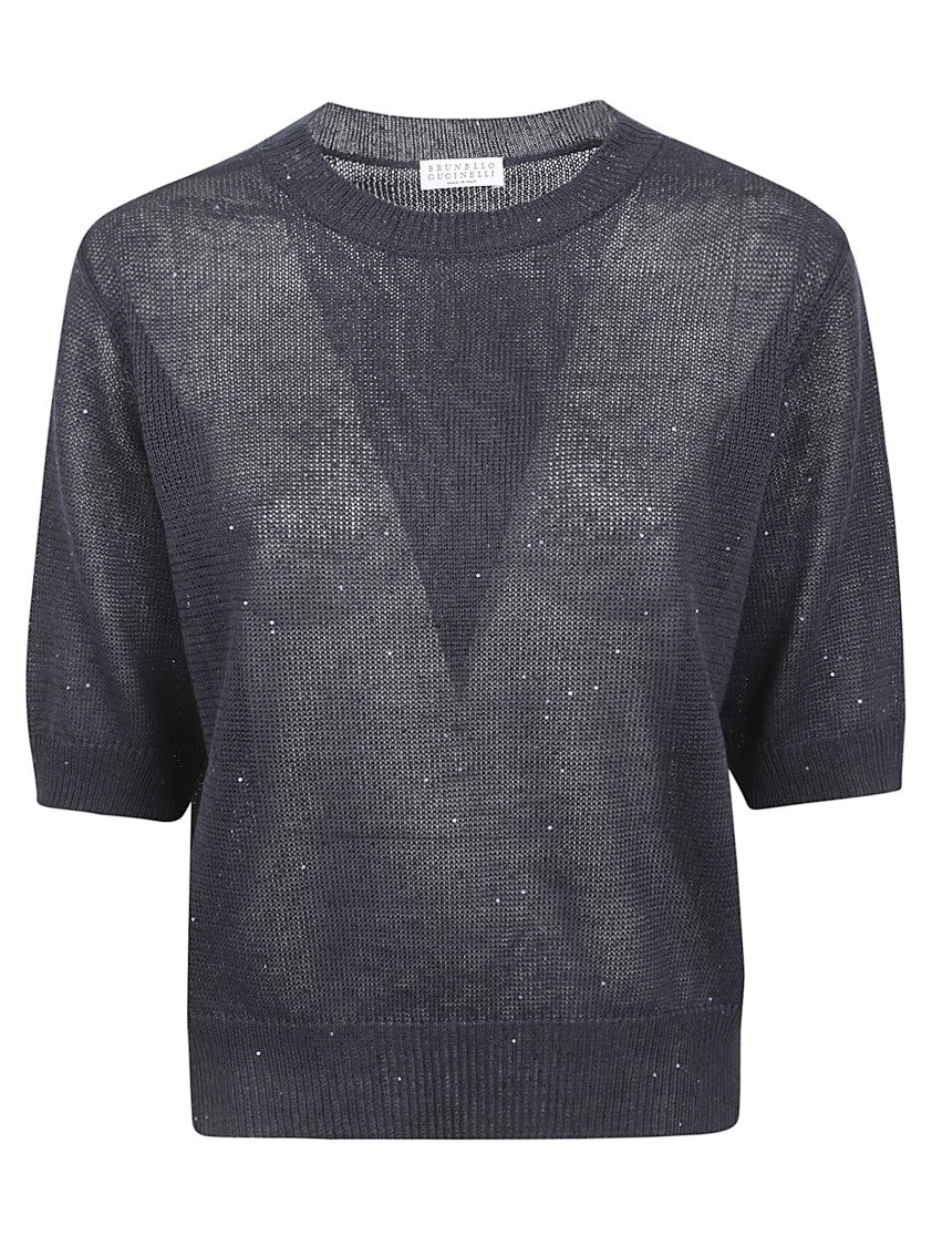 Brunello Cucinelli Round-Neck Black Sweater With Ribbed Edges And Sequin Embroidery