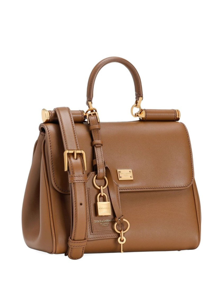 Dolce & Gabbana Smooth Calf Leather Gold Accent Structured Top Handle Bag