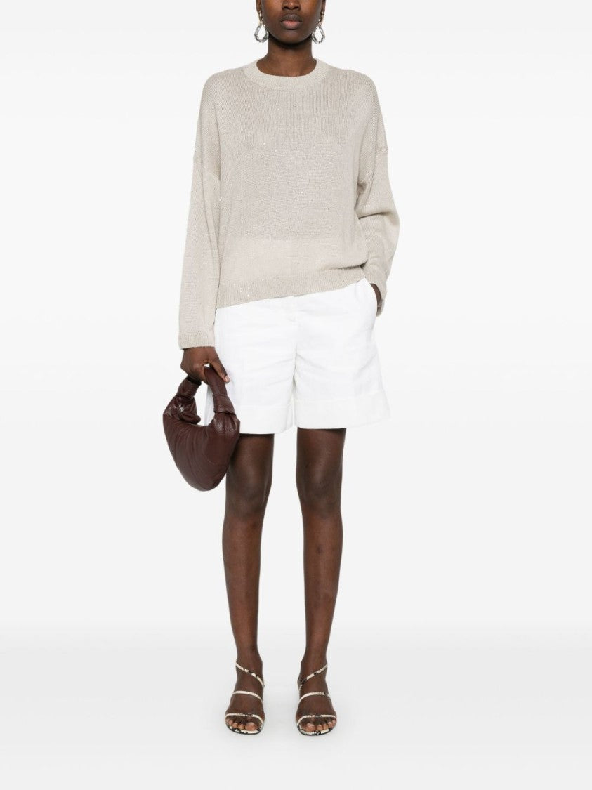 Brunello Cucinelli Beige All-Over Sequins Linen-Silk Sweater