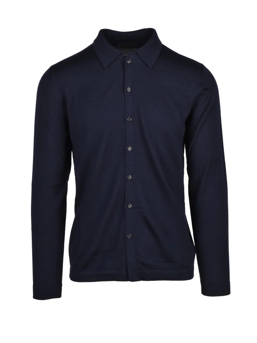 Slowear By Zanone Navy Blue Collared Fine-Knit Virgin Wool Cardigan