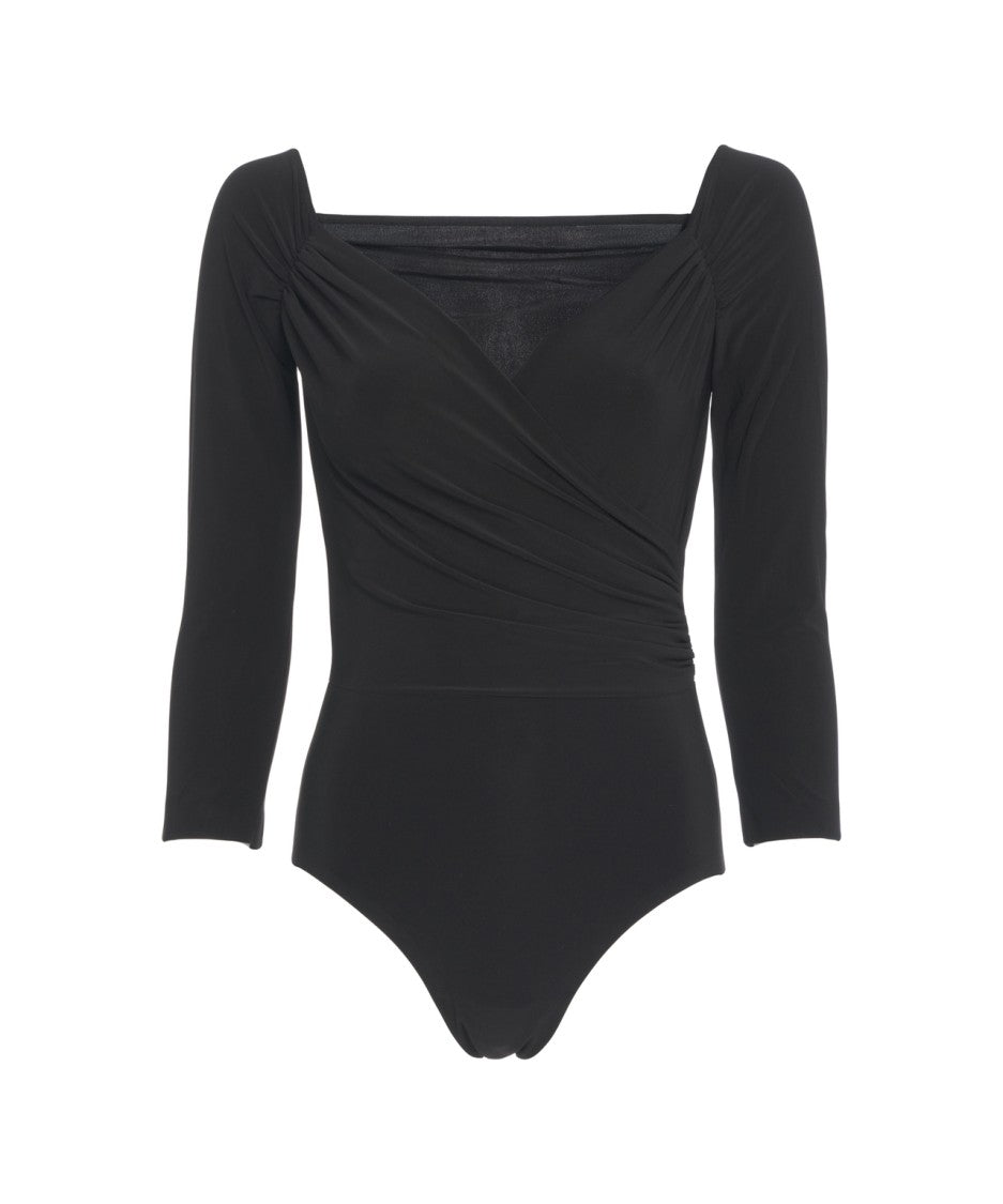 Norma Kamali Draped Wrap Bodysuit With Square Neckline