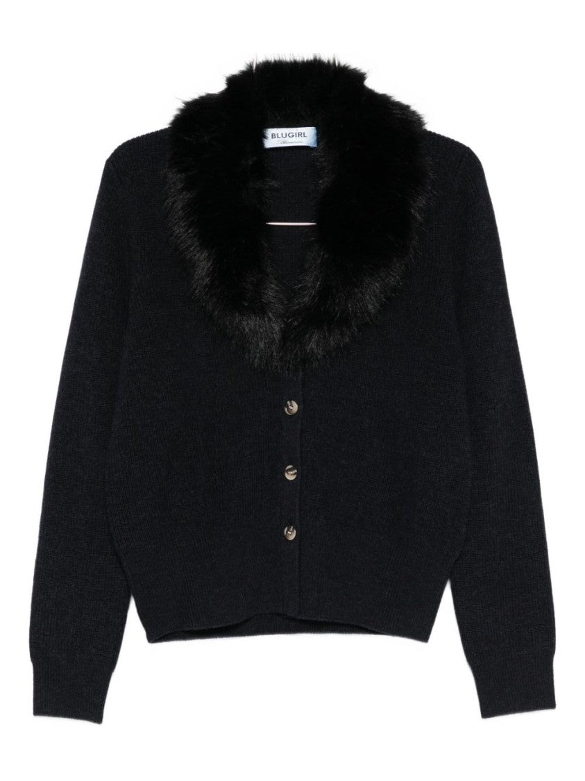 Blugirl Deep V-Neck Sweater With Black Fur Collar