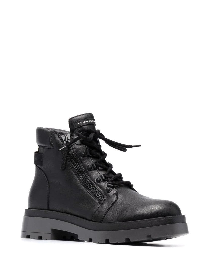 Giuseppe Zanotti Black Leather Ankle Boots With Lace-Up Front And Side Zipper Detail