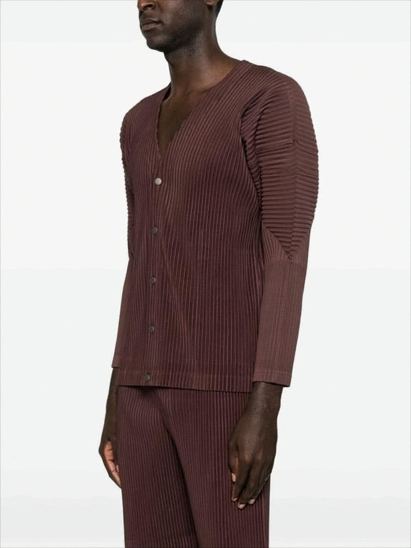Homme Plissé Issey Miyake Button-Up Textured Cardigan With Deep V-Neckline And Vertical Pleats
