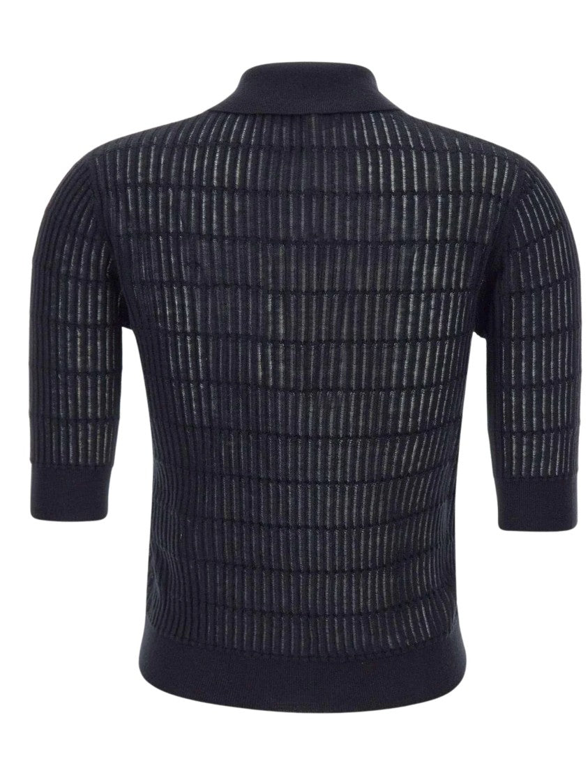 Max Mara Blue Ribbed Semi Sheer Polo Shirt