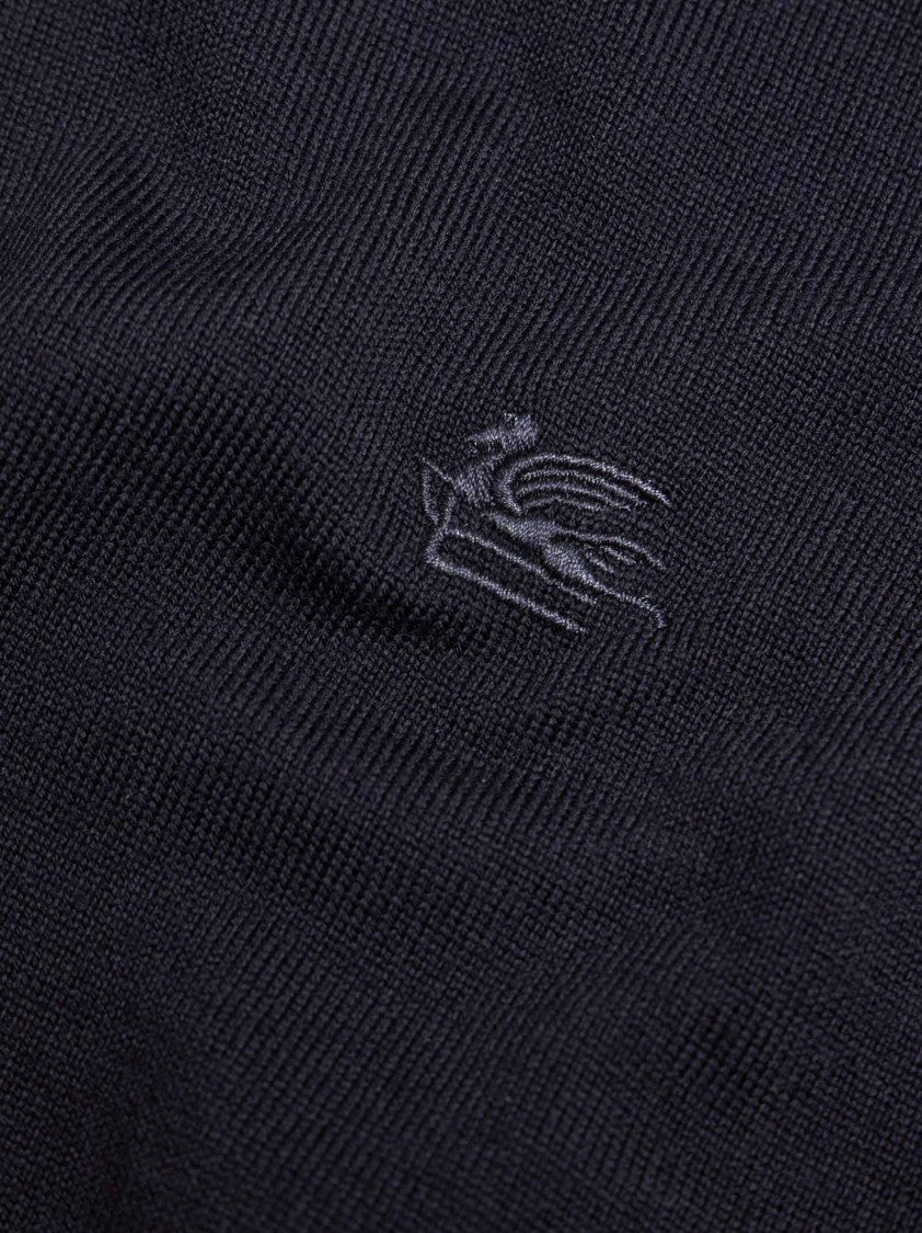 Etro Blue Wool Turtleneck Sweater With Ribbed Detailing