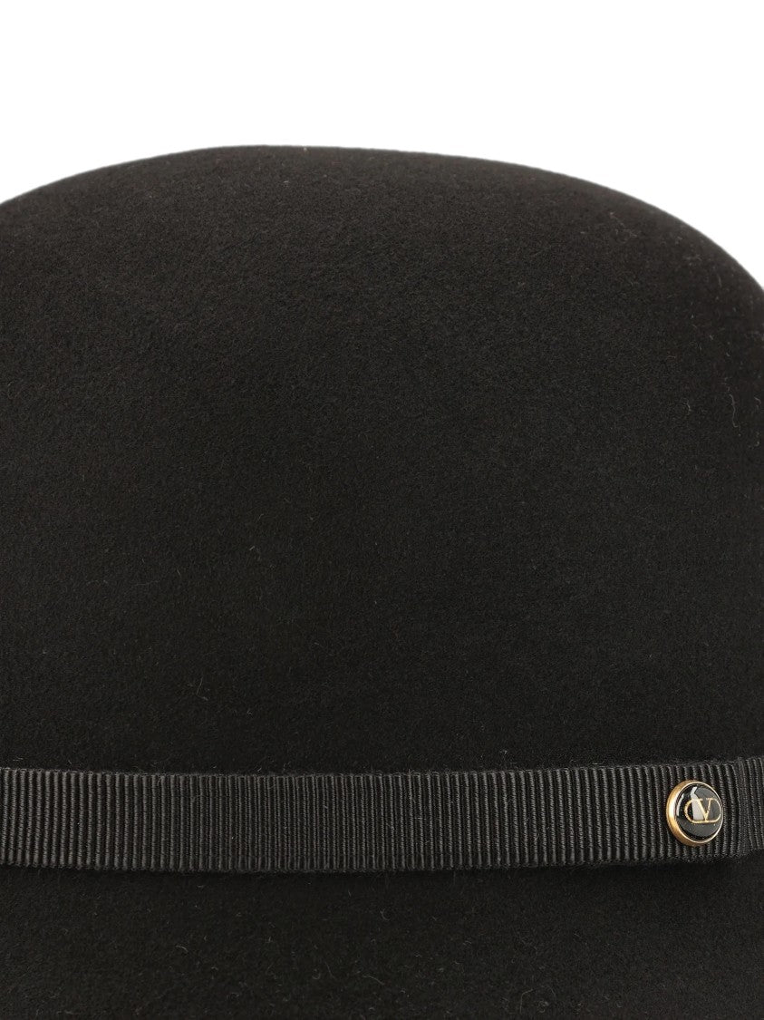 Valentino Black Merino Bucket Hat With Grosgrain Ribbon And Metallic Logo