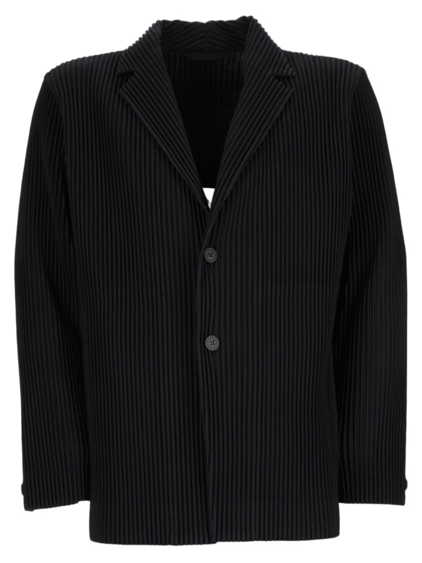 Homme Plissé Issey Miyake Structured Black Jacket With Classic Lapel And Pleated Texture
