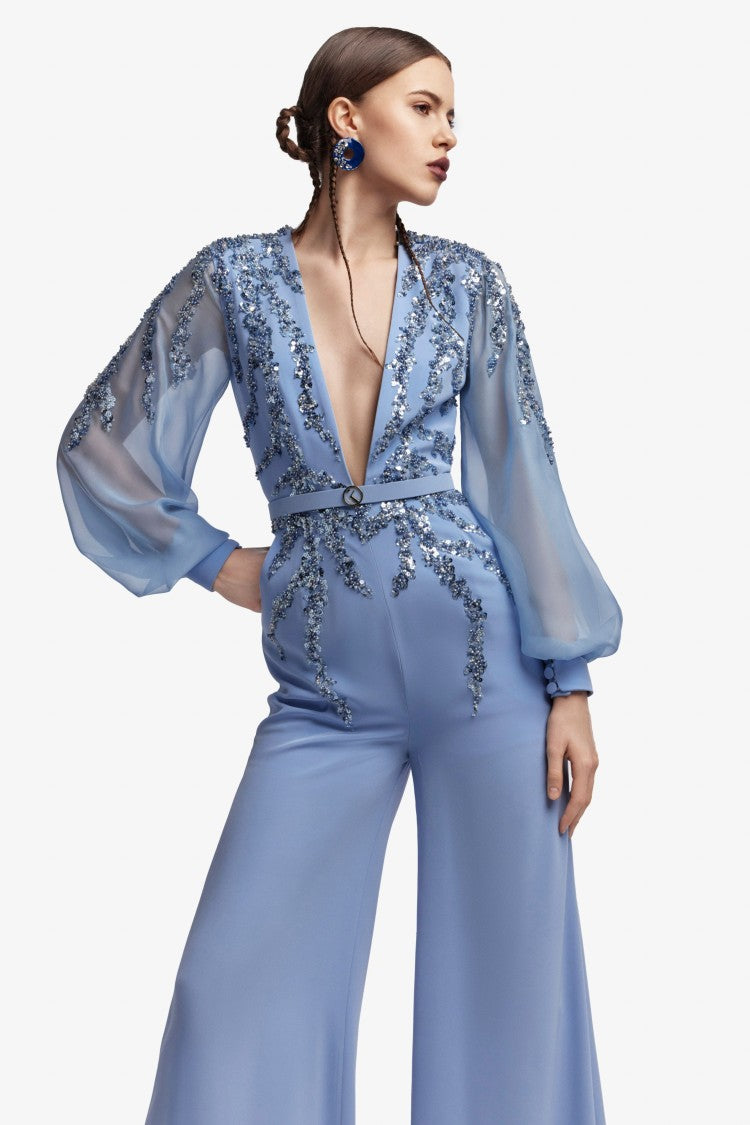 Saiid Kobeisy Blue Beaded Jumpsuit