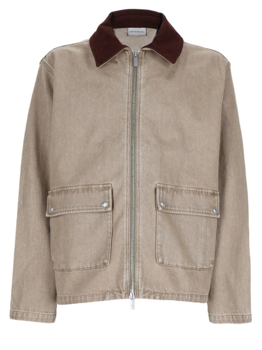 Drôle De Monsieur Boxy Organic Cotton Zip-Up Jacket With Leather Collar