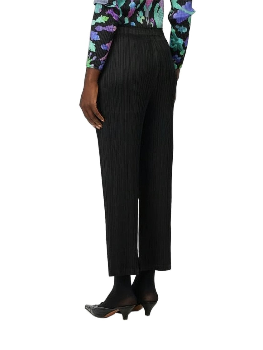 Pleats Please Cropped Black Pleated Pants With Elastic Waistband