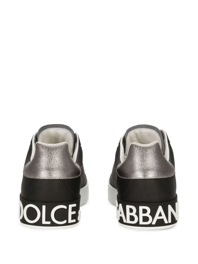 Dolce & Gabbana Laced Sneakers In Black Calfskin With Logo Patch