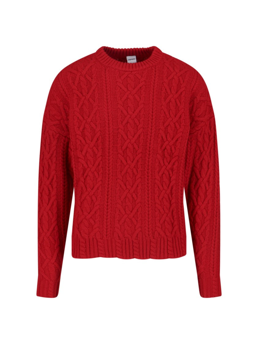Aspesi Wool Cable Sweater, Red, Crew Neck