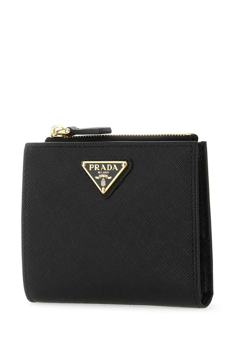 Prada Compact Black Zip Wallet With Triangular Logo Plaque