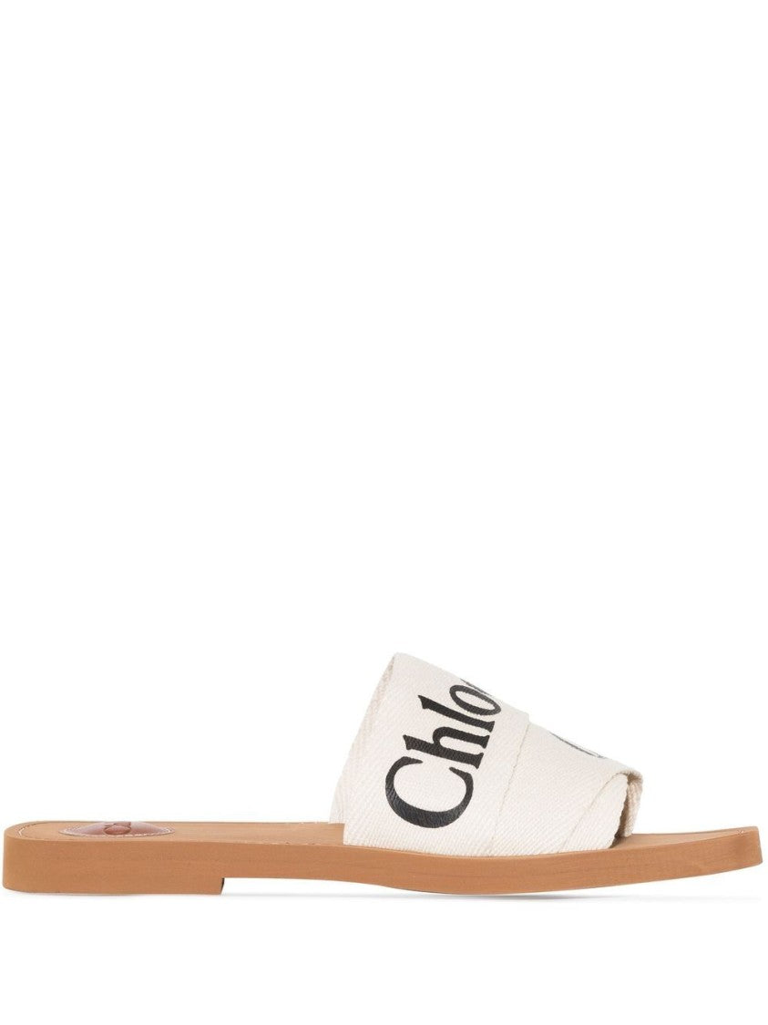 Chloé Open Toe Woody Sandals With Logo-Print Strap