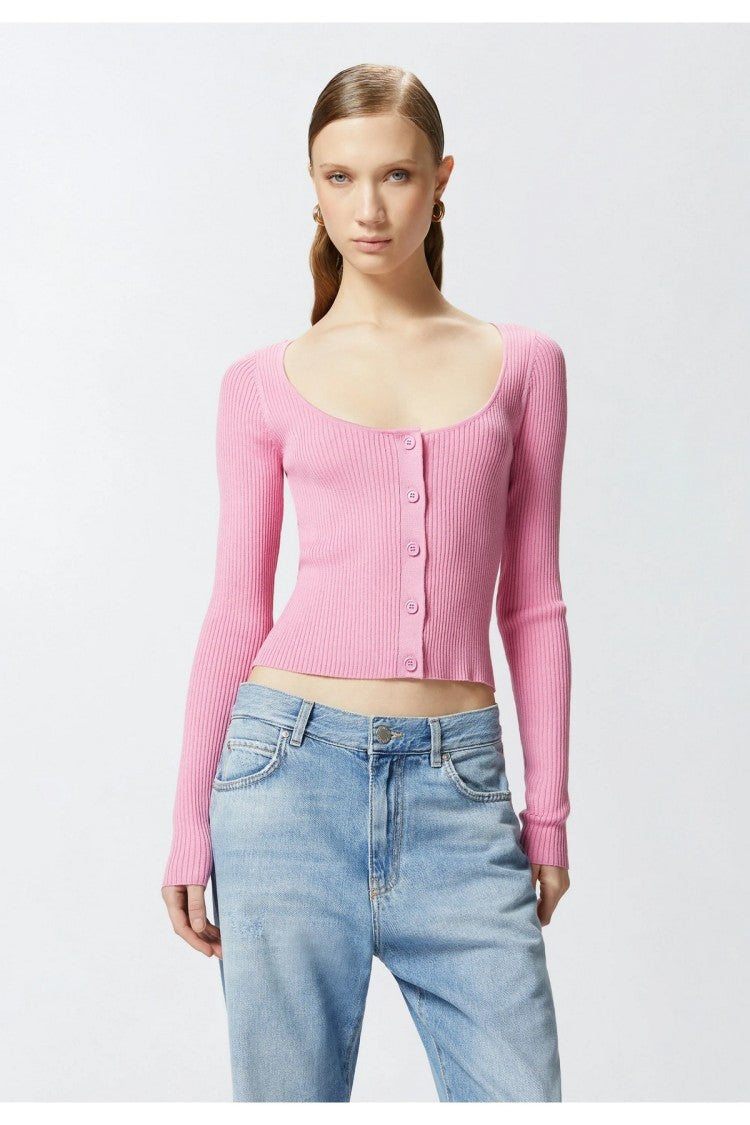 Pinko Pink Scooped Neckline Embroidered Love Birds Silk-Blend Cardigan