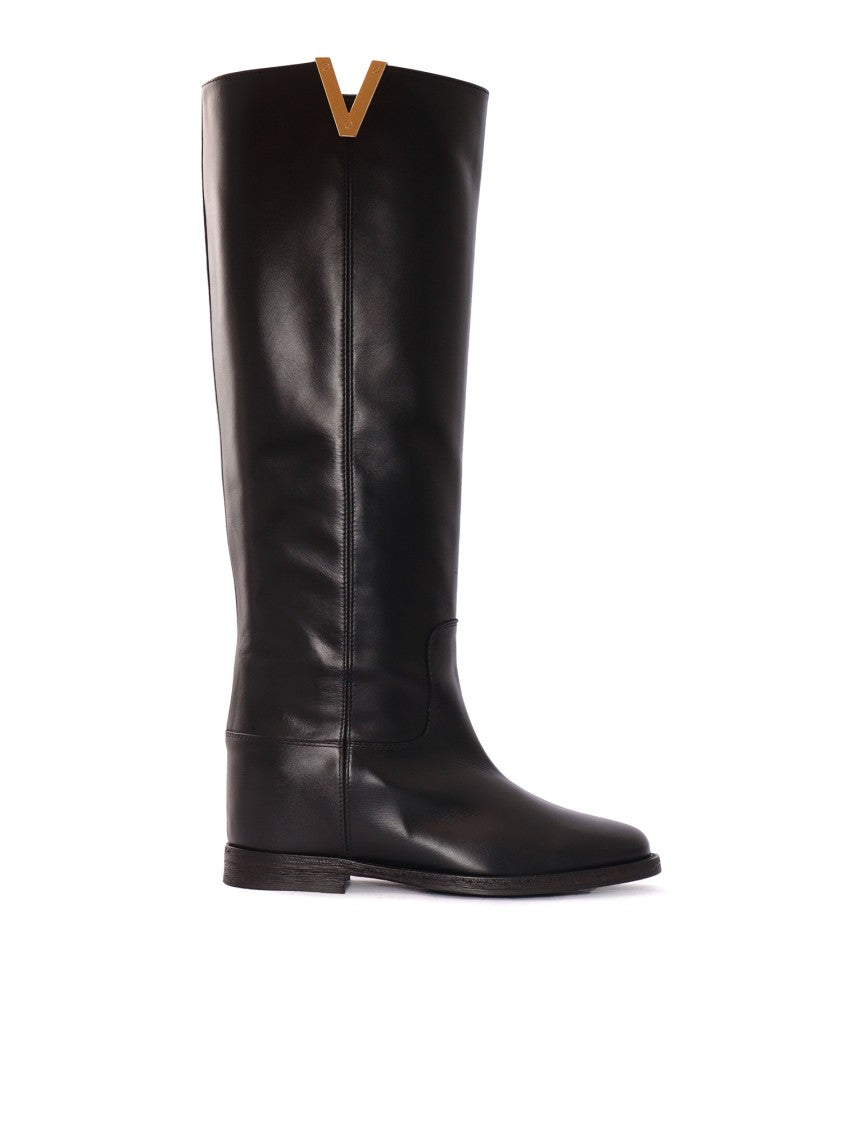Via Roma 15 Black Tall Flat Leather Boots