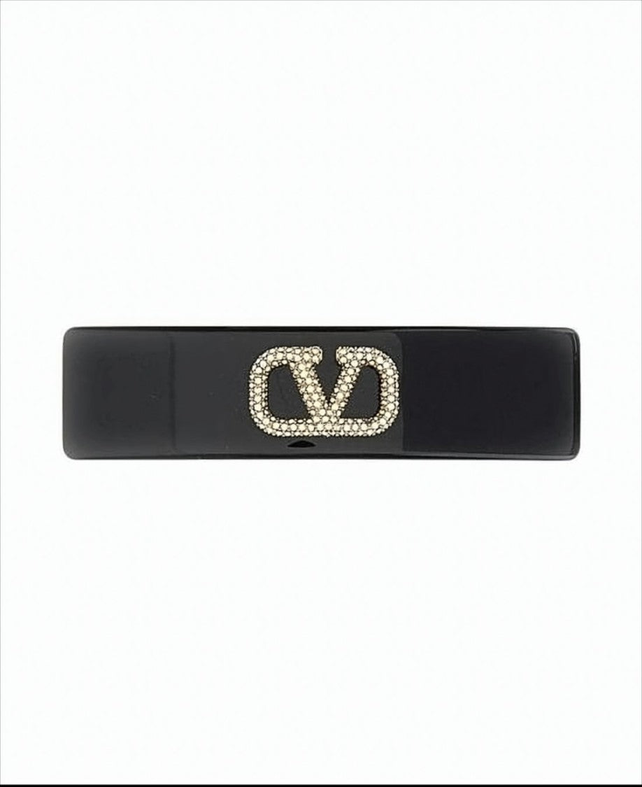 Valentino Glossy Black Resin Hair Barrette With Swarovski Crystals