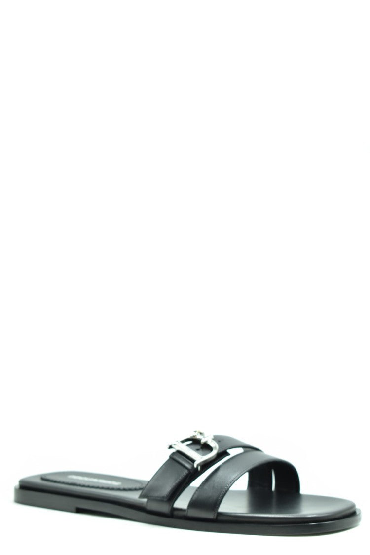 Dsquared2 Black Leather Sandals Silver Buckle Detail