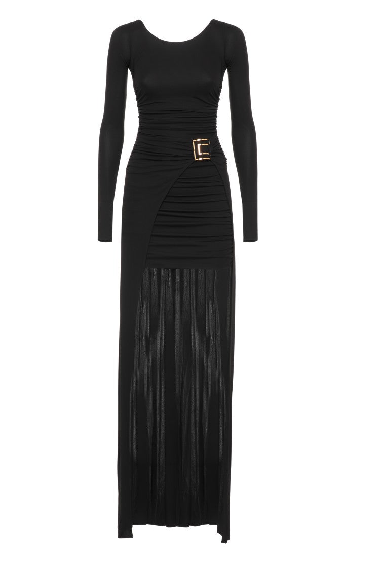 Elisabetta Franchi Asymmetrical Black Long Dress With Side Drape And Logo Pin