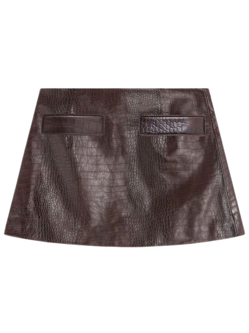 The Frankie Shop Brown Crocodile Leather Mini Skirt