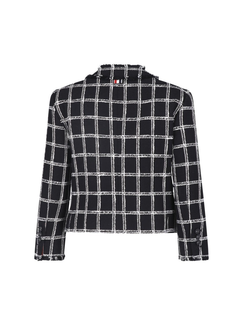 Thom Browne Cropped Black Windowpane Check Cotton-Blend Tweed Blazer