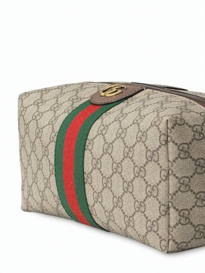 Gucci Beige Canvas Gg Monogram Cosmetic Case With Leather Trim