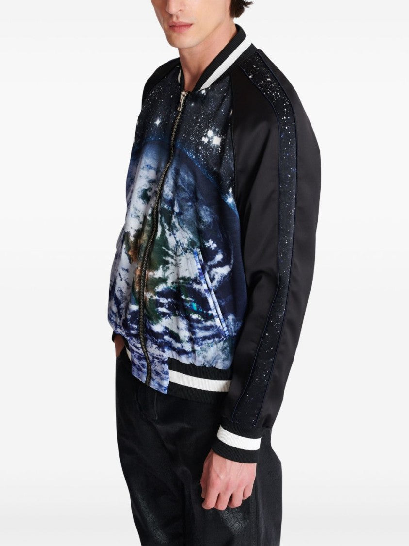 Balmain Black Graphic Earth Print Bomber Jacket