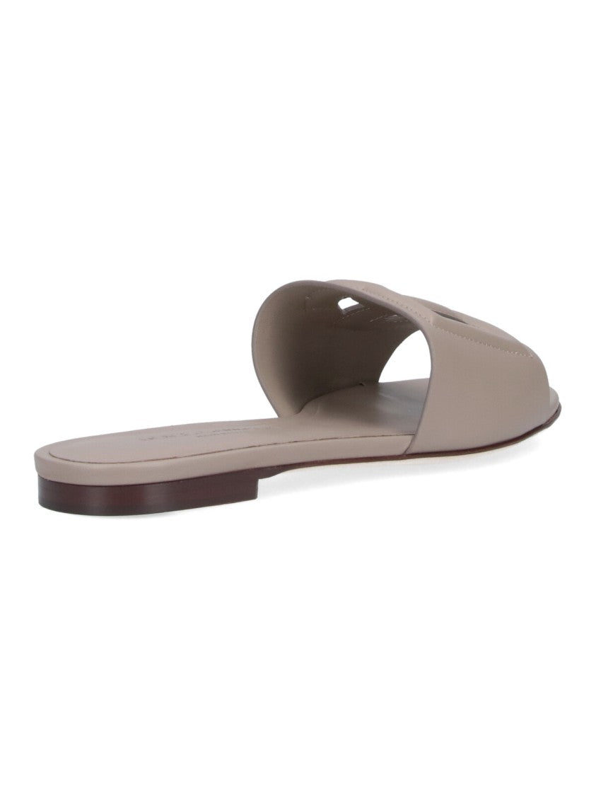 Dolce & Gabbana Taupe Leather Slip-On Sandals With Logo Detail