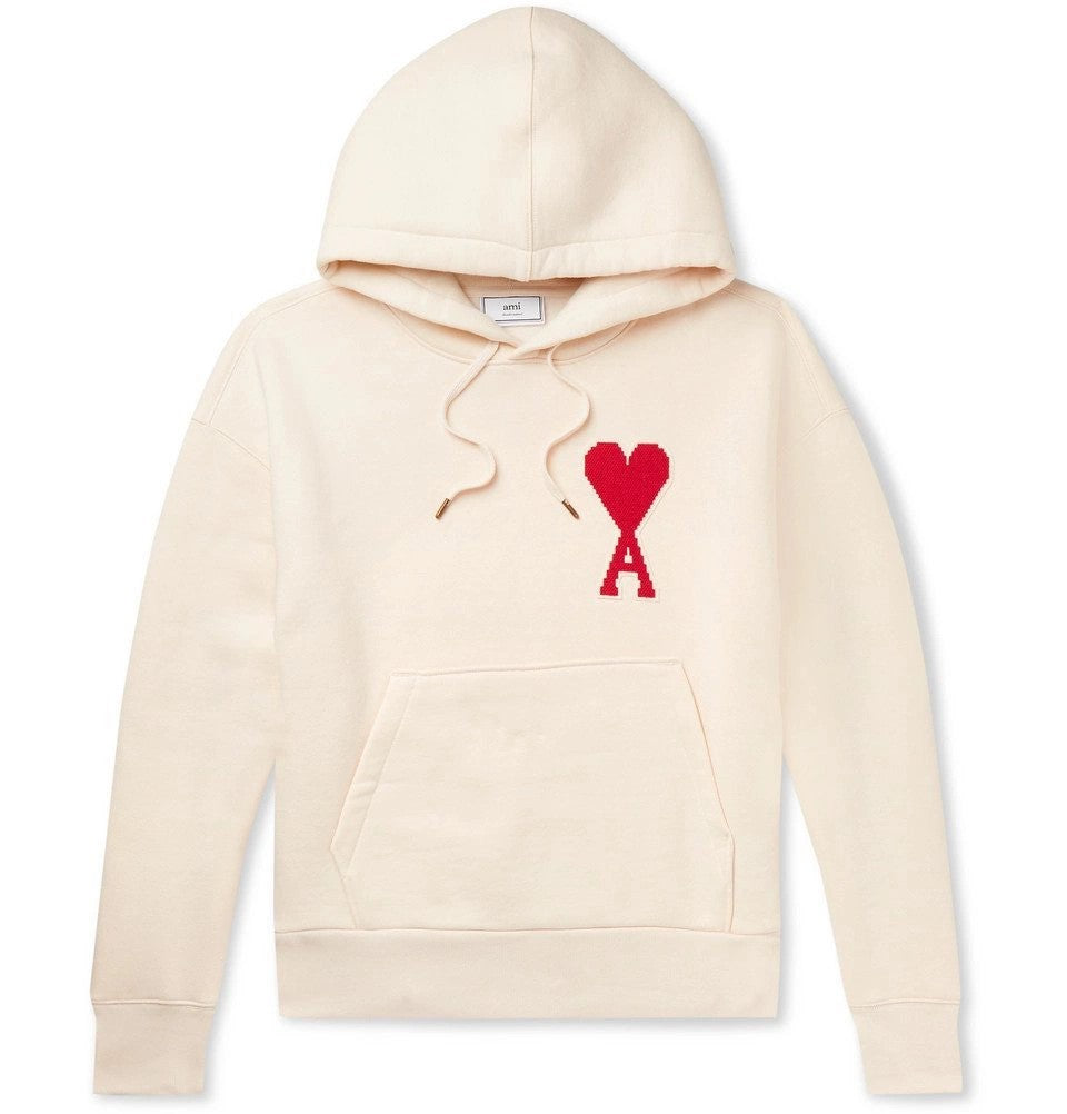 Ami Paris Giant Heart-Embroidered Cream Hoodie With Ribbed Trims