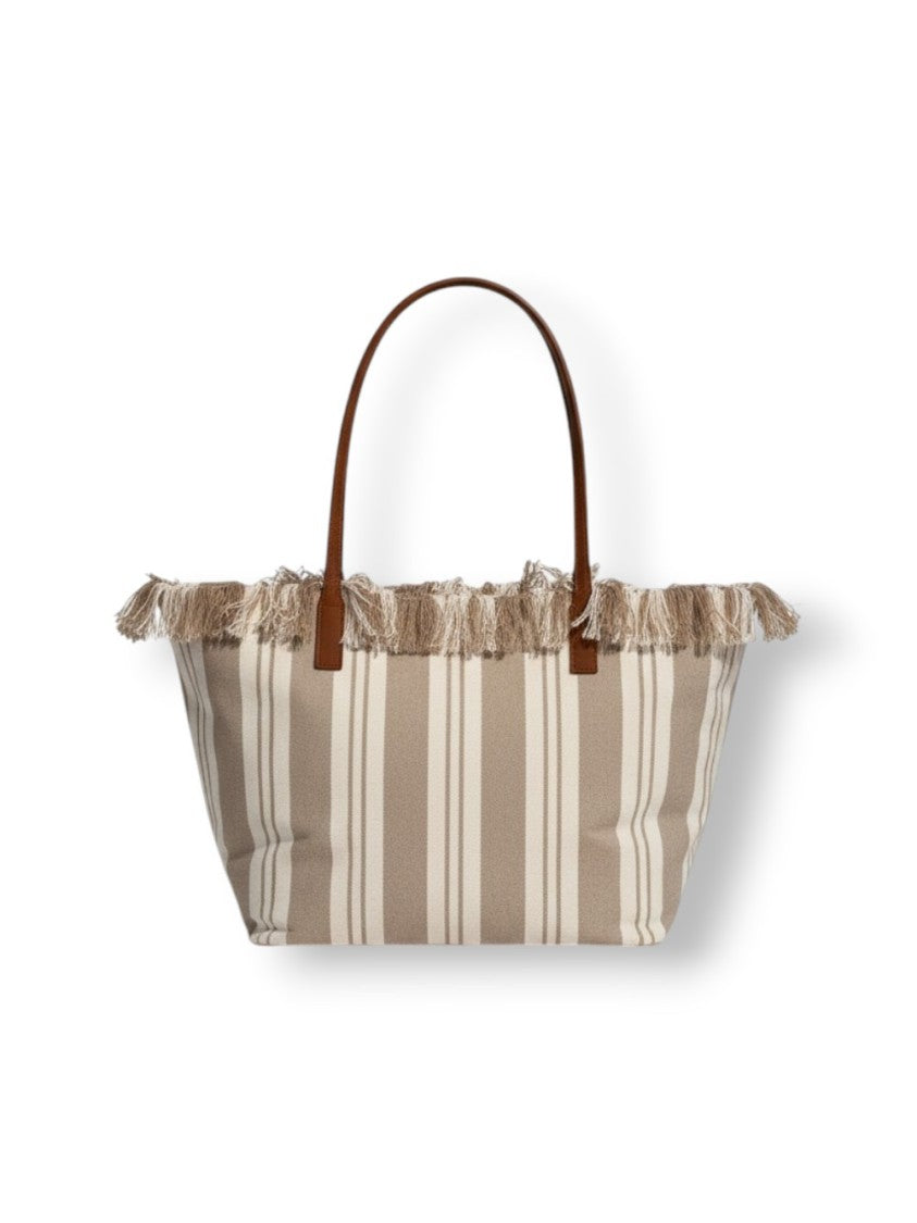 Mc2 Saint Barth Medium Tote Bag With Vertical Stripes And Fringed Top Edge