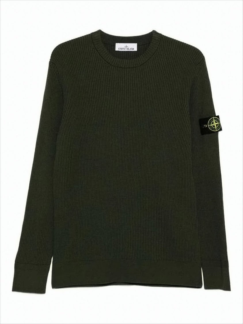 Stone Island Ribbed Knit Wool Sweater With Iconic Patch Logo