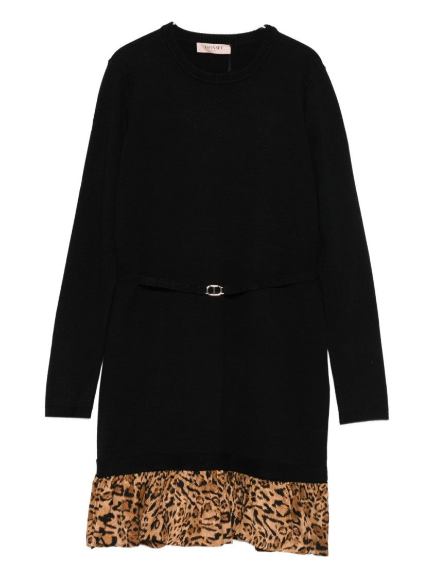 Twin-Set Black Ruffled Hem Dress With Animal Print Detail