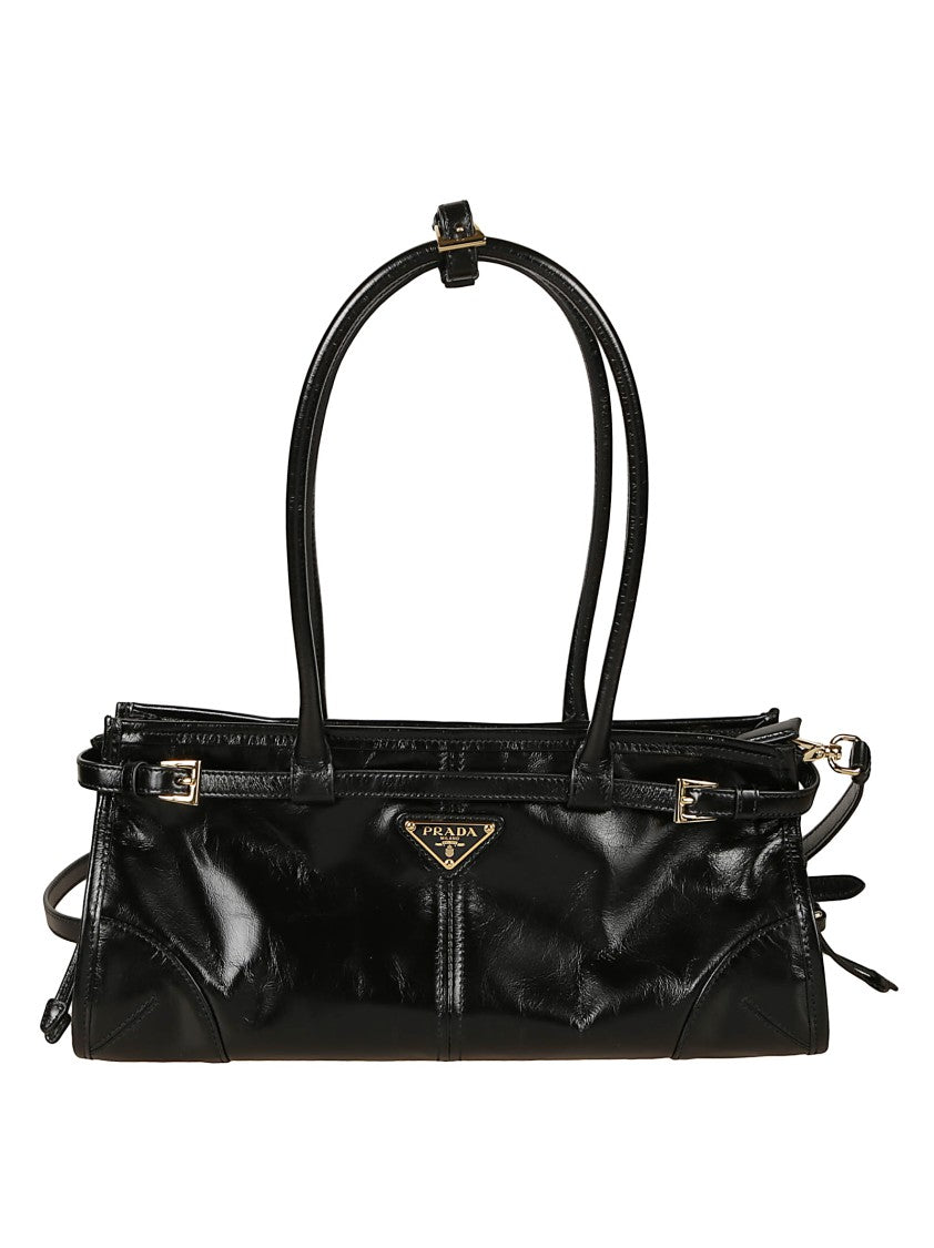 Prada Glossy Black Elongated Handbag With Gold Accents