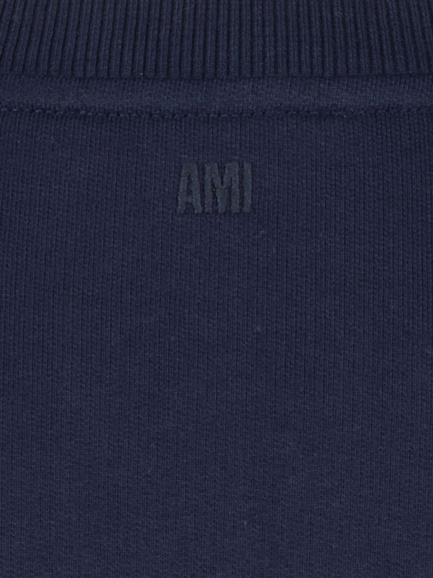 Ami Navy Blue Cotton Jersey Sweater With Signature Embroidered Motif