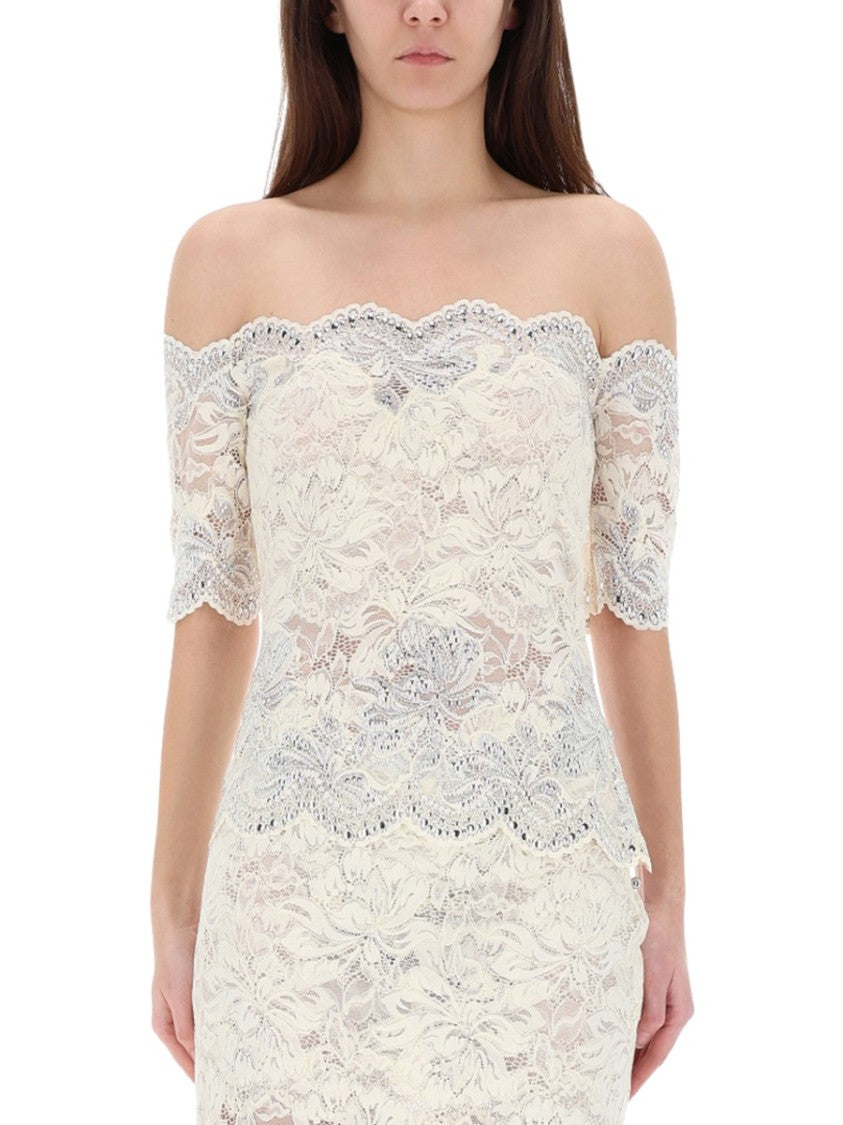 Rabanne Semi-Sheer Haut Polyamide Lace Off-Shoulder Top