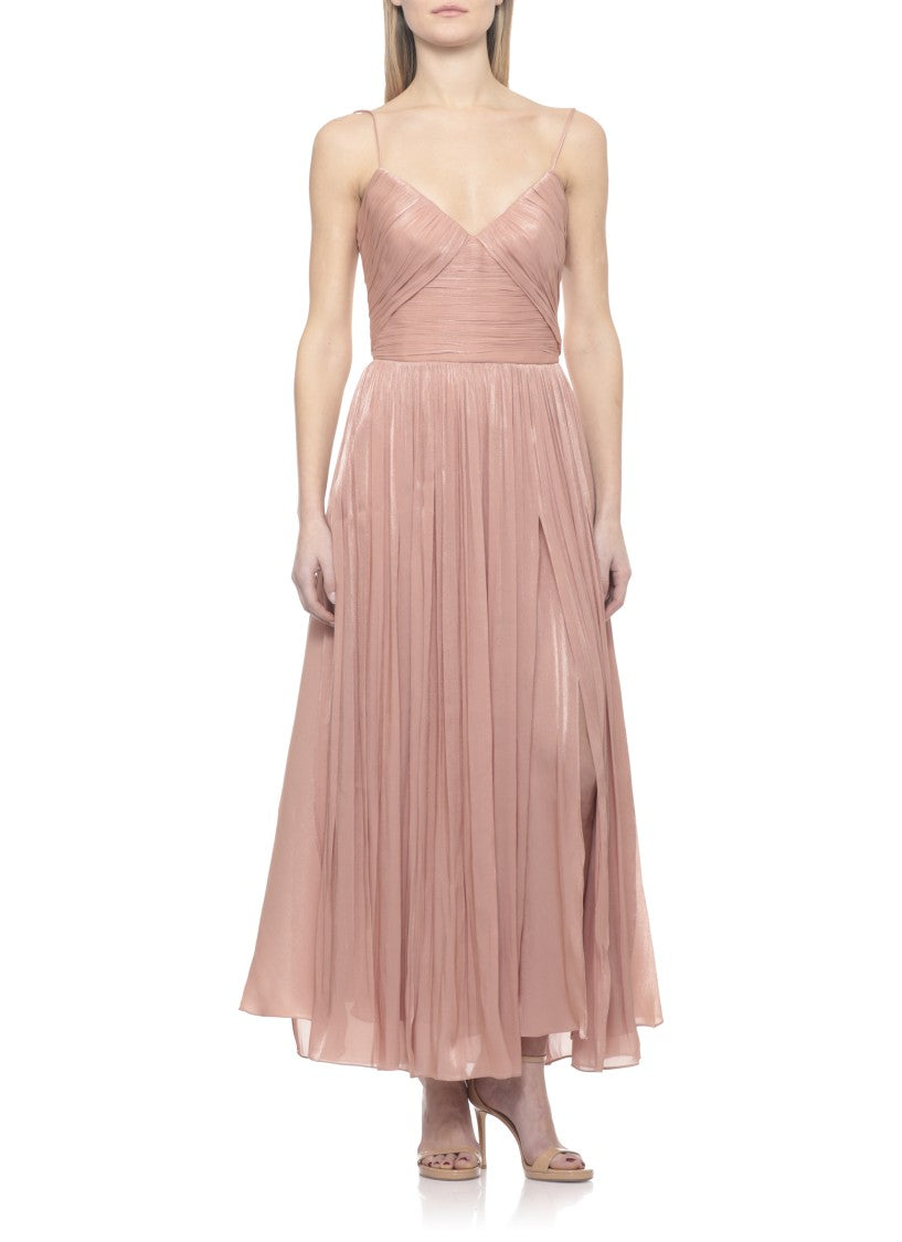 Costarellos Lurex Georgette Midi Dress With Deep V-Neck And Pleated Skirt