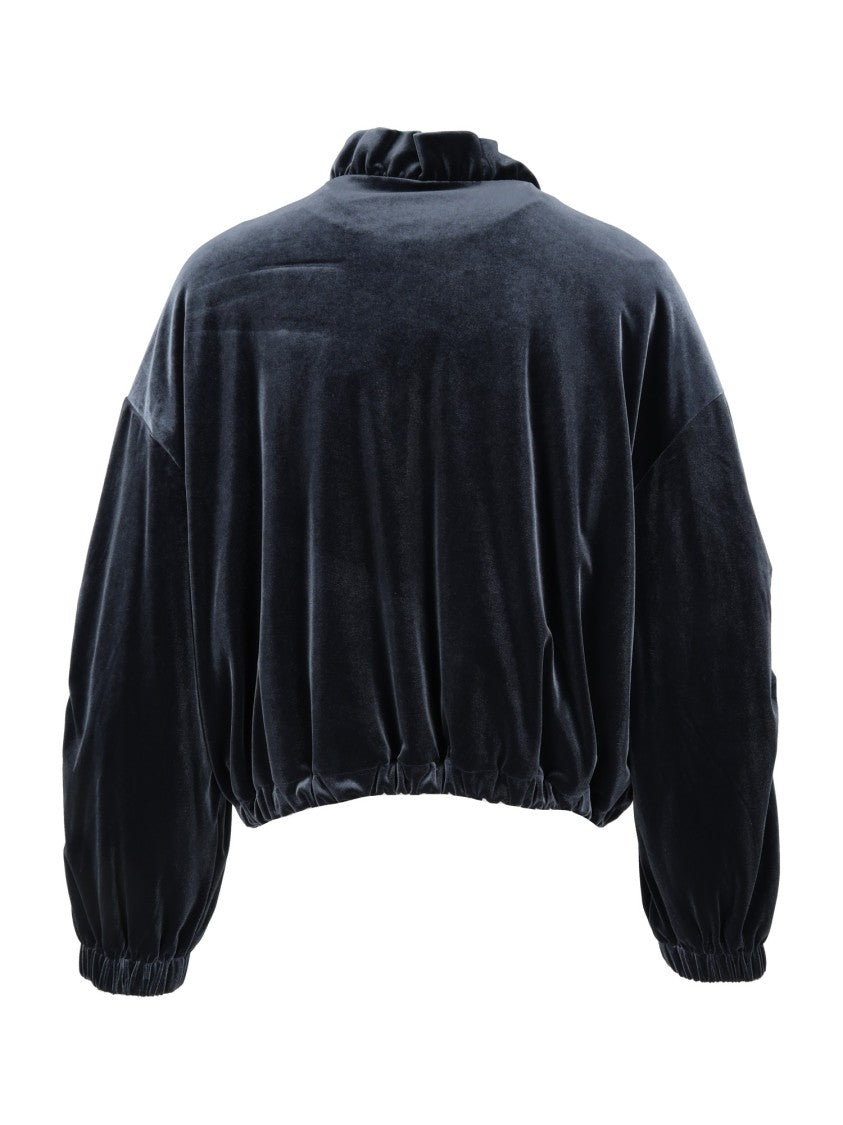 Emporio Armani Black Ruffled Collar Velvet Cropped Blouson Jacket