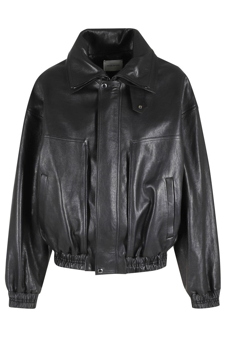 Magda Butrym Black Double High-Collar Dropped-Shoulder Leather Bomber Jacket