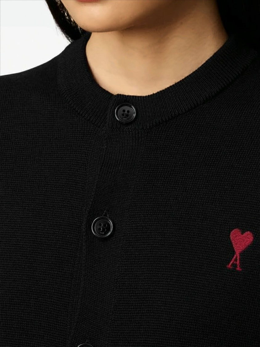 Ami Paris Cropped Black Wool Cardigan With Round Neckline