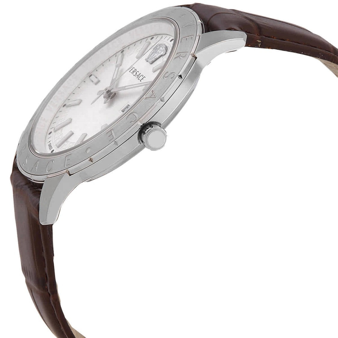 Versace Quartz 43Mm Stainless Steel Watch With Brown Leather Strap