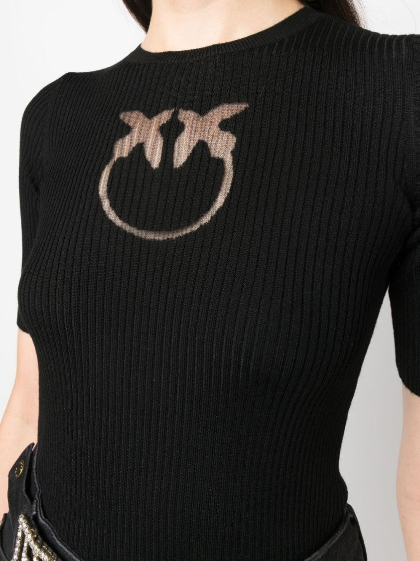 Pinko Fitted Ribbed Knit Sweater With Sheer Logo Detail