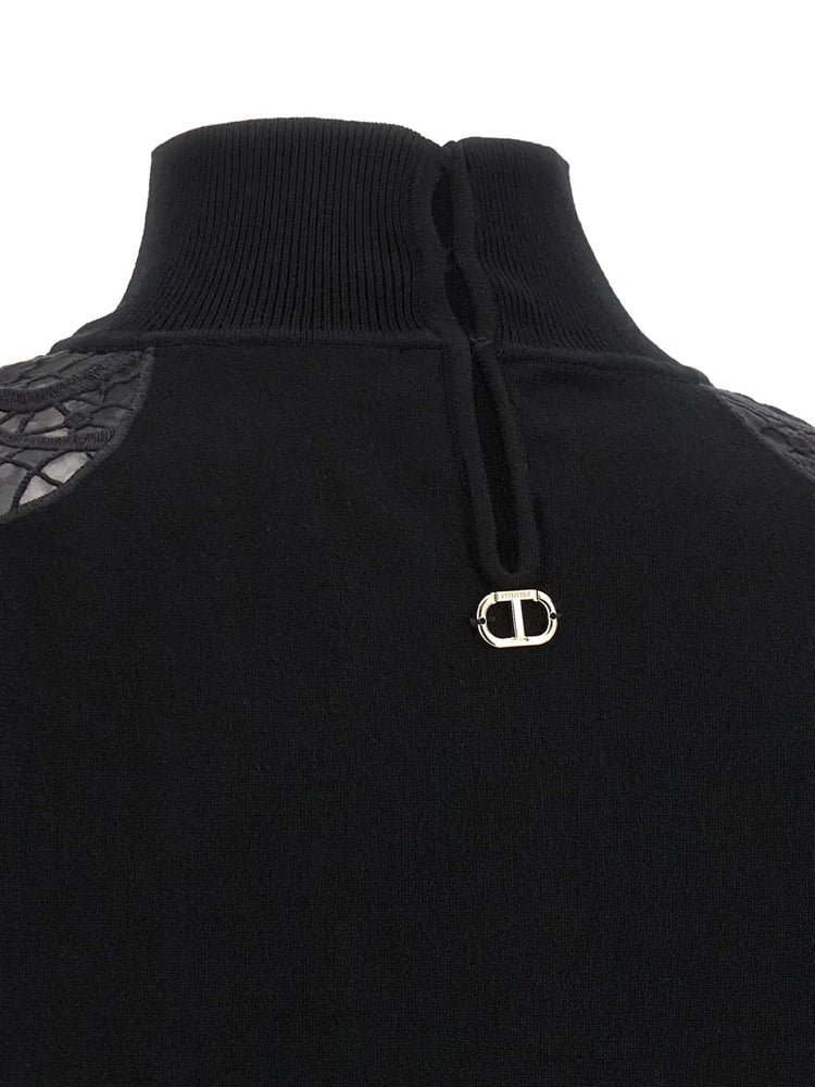 Twin-Set Cropped Black Sweater With High Ribbed Neckline And Lace Detailing