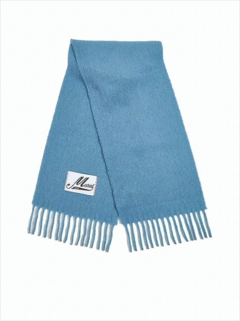 Marni Textured Light Blue Alpaca Blend Scarf With Fringed Ends