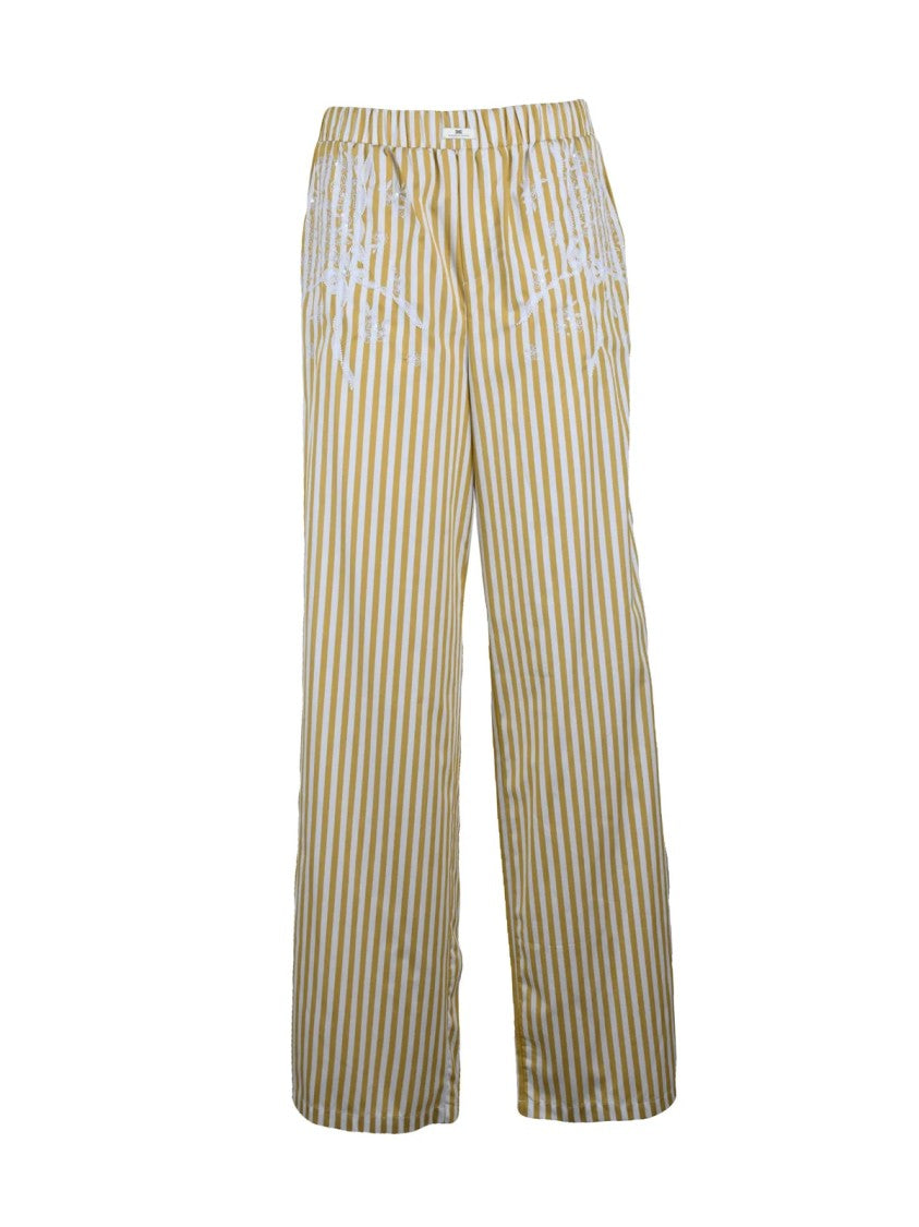 Elisabetta Franchi Yellow Sequin Embroidered Wide-Leg Cotton Track Pants