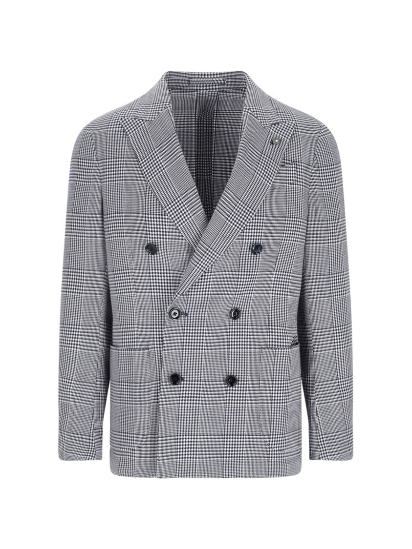 Lardini Grey Pied De Poule Double-Breasted Wool-Blend Blazer